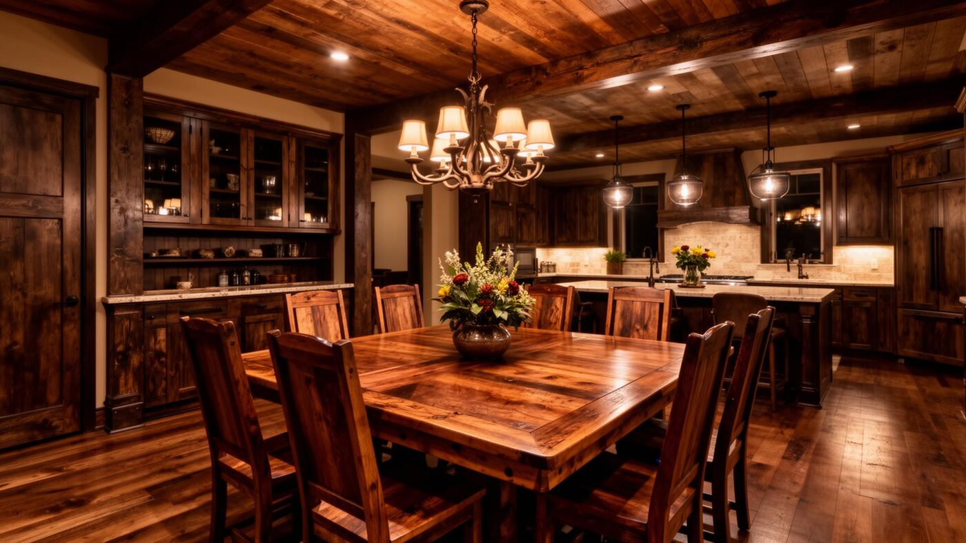 Sala de jantar rústica com mesa de madeira maciça artesanal
